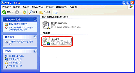 補足】接続画面が表示されないときは、[ネットワーク接続]画面の[広帯域]欄にあるＡ－ＮＥＴの接続用アイコンをダブルクリックしてください。